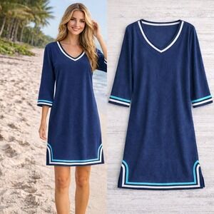 Mazu Swim Womens Terrycloth Cover Up Dress M Navy Blue Coastal Resort Pool Party